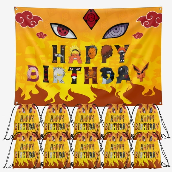 OdeJous Happy Birthday Party Supplies,10 Pieces Cartoon Candy Drawstring Bag Include Backdrop 7x5FT, Drawstring Goodie Favor Bags for Birthday Party Decorations(10.6 x 13.3 Inch)