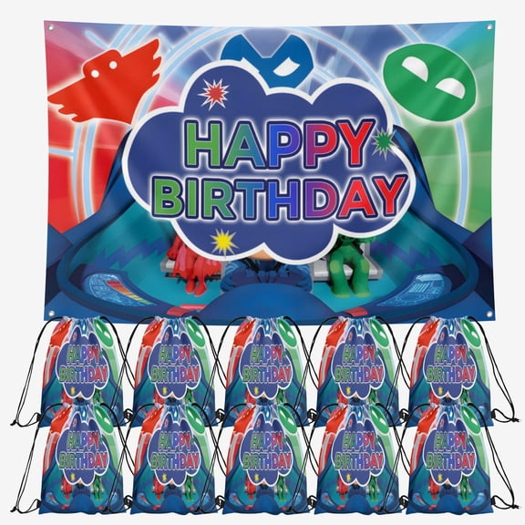 OdeJous Happy Birthday Party Supplies,10 Pieces Cartoon Candy Drawstring Bag Include Backdrop 8X4FT, Drawstring Goodie Favor Bags for Birthday Party Decorations(10.6 x 13.3 Inch)