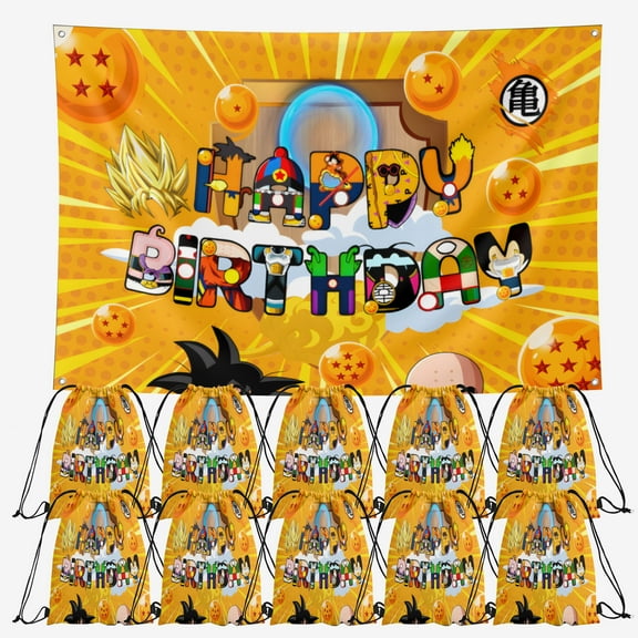 OdeJous Happy Birthday Party Supplies,10 Pieces Cartoon Candy Drawstring Bag Include Backdrop 8X4FT, Drawstring Goodie Favor Bags for Birthday Party Decorations(10.6 x 13.3 Inch)