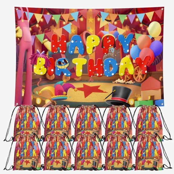 OdeJous Happy Birthday Party Supplies,10 Pieces Cartoon Candy Drawstring Bag Include Backdrop 8X4FT, Drawstring Goodie Favor Bags for Birthday Party Decorations(10.6 x 13.3 Inch)