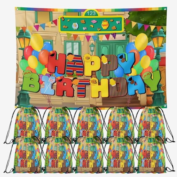 OdeJous Happy Birthday Party Supplies,10 Pieces Cartoon Candy Drawstring Bag Include Backdrop 8X4FT, Drawstring Goodie Favor Bags for Birthday Party Decorations(10.6 x 13.3 Inch)