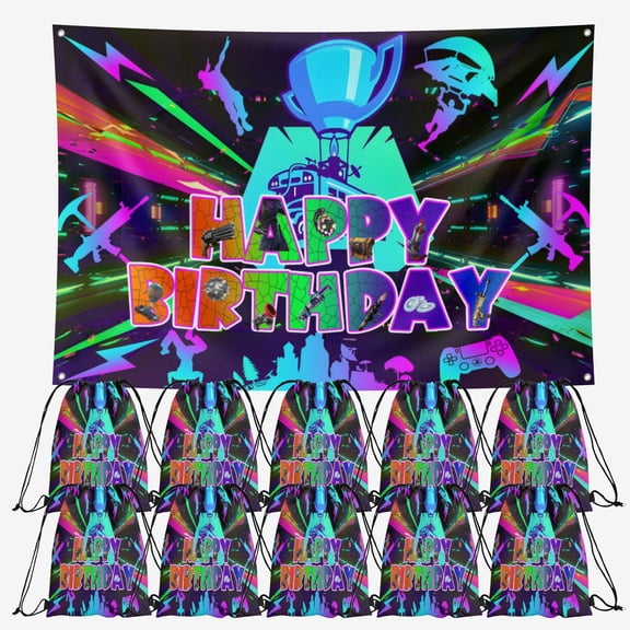OdeJous Happy Birthday Party Supplies,10 Pieces Cartoon Candy Drawstring Bag Include Backdrop 8X4FT, Drawstring Goodie Favor Bags for Birthday Party Decorations(10.6 x 13.3 Inch)