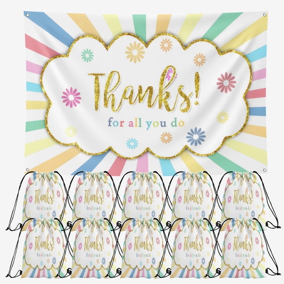 OdeJous Thanks ! for all you do Party Supplies,10 Pieces Thanks ! for all you do Candy Drawstring Bag Include Birthday Backdrop 6x4FT, Drawstring Goodie Favor Bags for Birthday Party Decorations(10.6