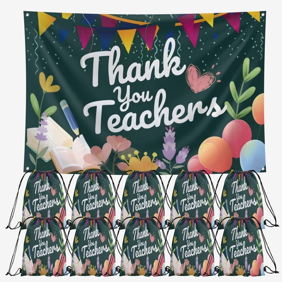 OdeJous thanks your teachers Party Supplies,10 Pieces thanks your teachers Candy Drawstring Bag Include Birthday Backdrop 10x7ft, Drawstring Goodie Favor Bags for Birthday Party Decorations(10.6 x 13.