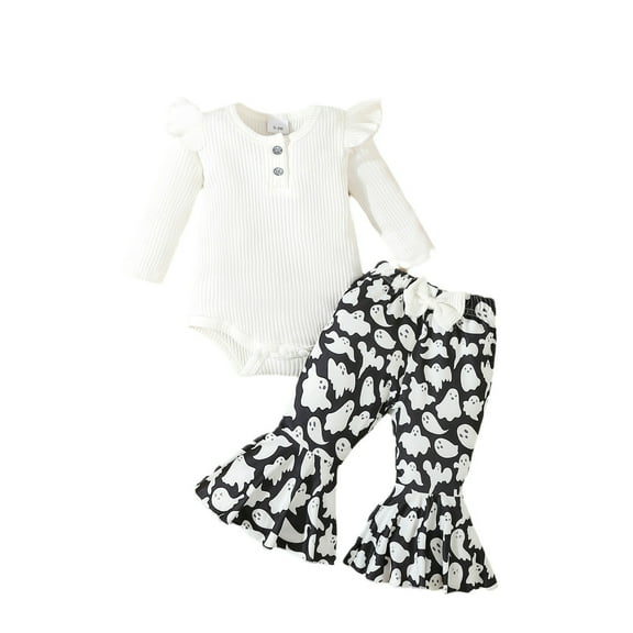Odeerbi 0-1 Years Infant Girls Outfits Layette Set Rib Knit Bodysuit Floral Flared Pants with Headband Set Ruffle Tops Elastic Waist Bell Bottom Trousers Infant Girls Clothes
