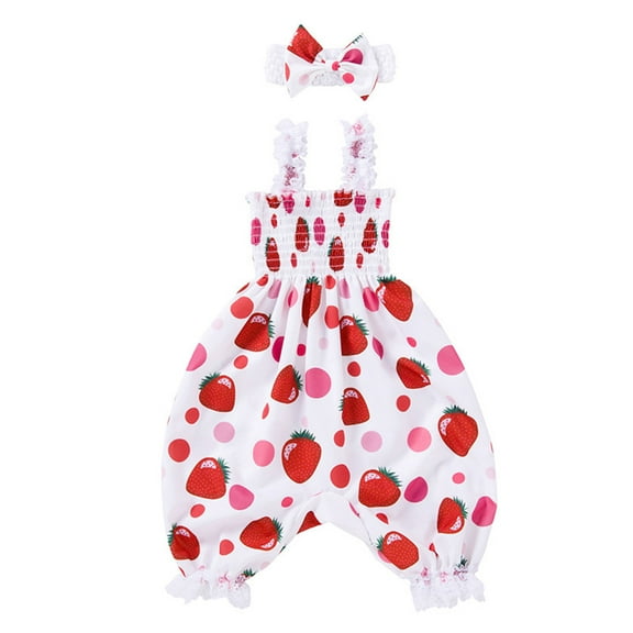 Odeerbi 0-1 Years Infant Girls Summer Rompers Strawberry Print Ruffle Satin Jumpsuit Leisure Lantern Overall Pants Haren Pants with Headband Set