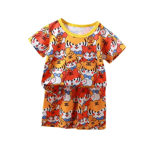 Odeerbi 0-12 Years Toddler Boys Summer Outfits Tiger Print Cotton Short Sleeve T-Shirt Shorts Two-piece Set Elastic Waisted Casual Loungewear Pajamas Toddler Boys Clothes