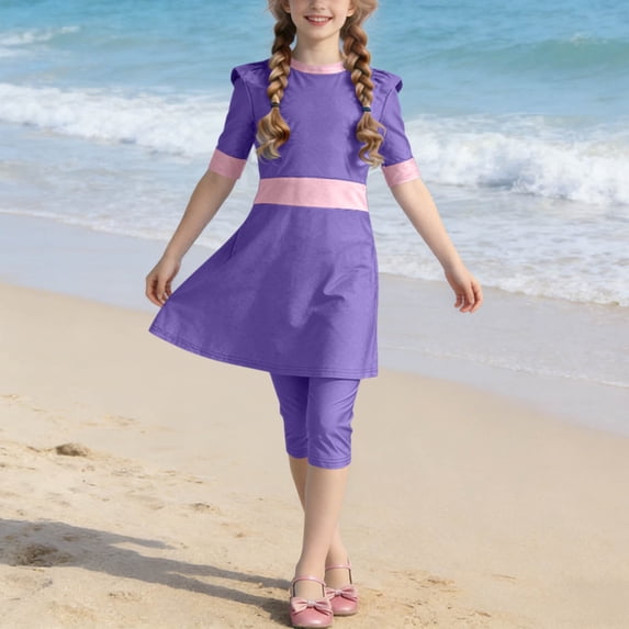 Odeerbi 0-13 Years Toddler Kids Girls 3-Piece Long Sleeve Rash Guard Set UPF 50+ Quick Dry Swimdress with Swim Capris and Swim Cap