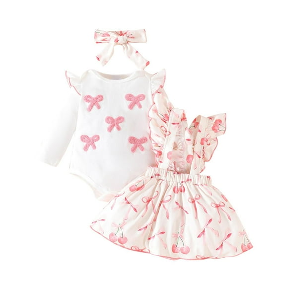 Odeerbi 0-18 Months Baby Girls Summer Outfits Layette Set Rib Knit Cotton Bodysuit Bow Print Suspender Skirt Headband Three Piece Set Ruffle Jumpsuit Set Baby Girls Clothes