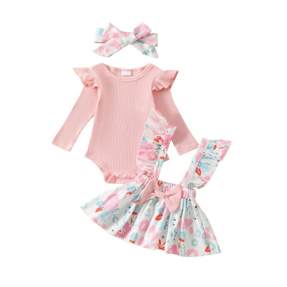 Odeerbi 0-18 Months Baby Girls Summer Outfits Layette Set Rib Knit Cotton Bodysuit Floral Suspender Skirt Headband Three Piece Set Solid Color Ruffle Jumpsuit Set Baby Girls Clothes