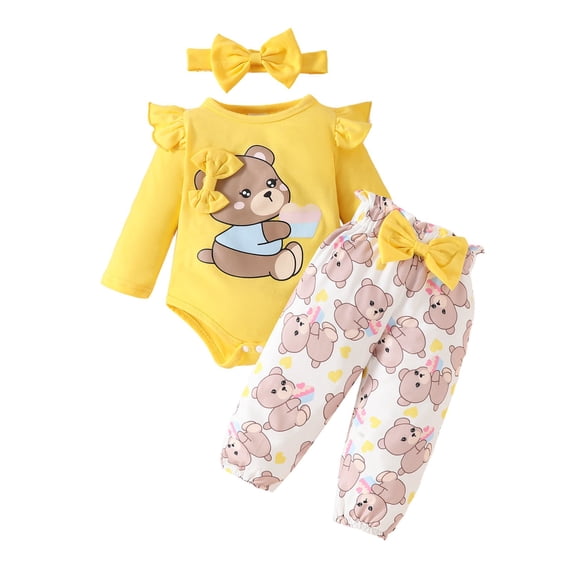 Odeerbi 0-18 Months Infant Girls Cotton Outfits Layette Set Bow Bear Printed Long Sleeve Bodysuit Long Sweatpants Headband Three Pieces Set Infant Girls Clothes