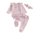 thumbnail image 1 of Odeerbi 0-18 Months Infant Girls Cotton Outfits Layette Set Solid Color Long Sleeve Bodysuit Bow Sweatpants Headband Three Pieces Set Infant Girls Clothes, 1 of 8