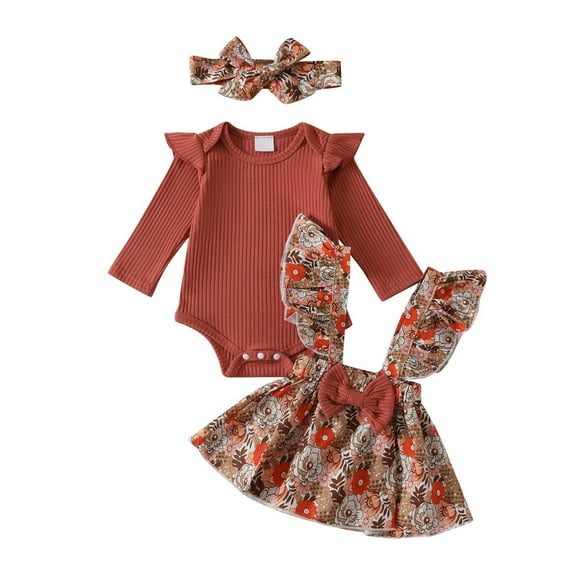 Odeerbi 0-18 Months Toddler Girls Summer Outfits Layette Set Rib Knit Cotton Bodysuit Floral Suspender Skirt Headband Three Piece Set Solid Color Ruffle Jumpsuit Set Toddler Girls Clothes