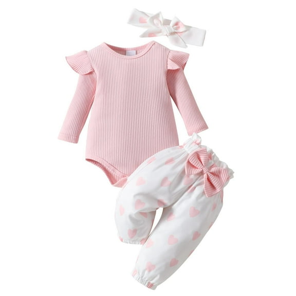 Odeerbi 0-18 Months Toddler Girls Valentines Day Outfits Layette Set Cotton Bodysuit Sweatpants with Headband Three Piece Set Solid Color Jumpsuit Bow Love Pants Toddler Girls Clothes