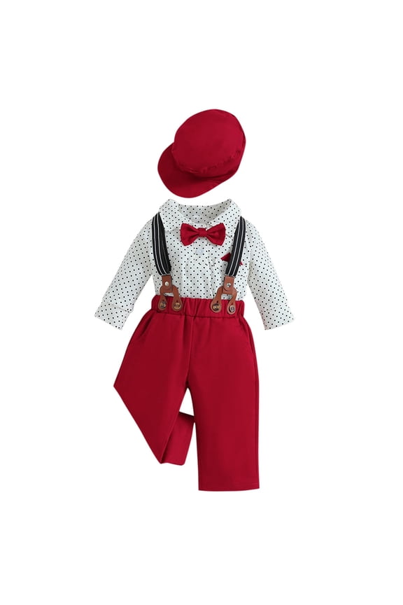 0-2 Years Baby Boys Gentleman Formal Dress Suit Baby Birthday First Year Suits Set Long Sleeve Bodysuit Overall Pants Hat Bow Four Pieces Set Baby Boys Clothes