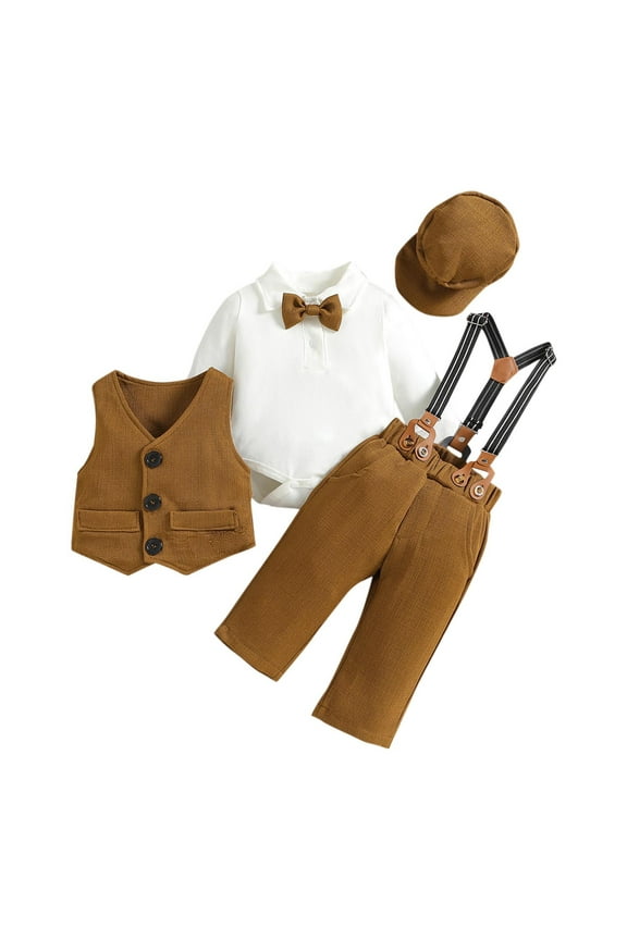0-2 Years Infant Boys Gentleman Formal Dress Suit Birthday First Year Suits Set Bodysuit Overall Pants Waistcoat Hat Bow Five Pieces Set Infant Boys Clothes