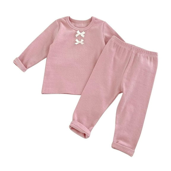 Odeerbi 0-2 Years Infant Boys Girls Cotton Pajamas Rib Knit Outfits Bow Long Sleeve Tops Pants Two-piece Set Comfortable Solid Color Casual Loungewear Infant Boys Girls Clothes