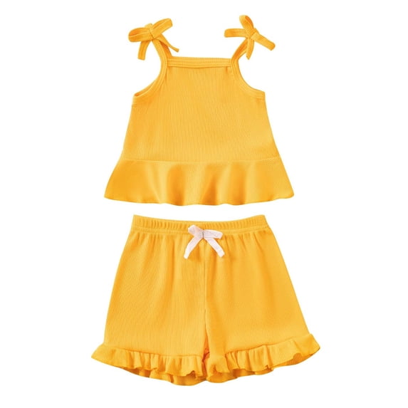 Odeerbi 0-2 Years Infant Girls Summer Outfits Ruffle Cotton Camisole Tops Shorts Two-piece Set Solid Color Sleeveless Loungewear Infant Girls Clothes