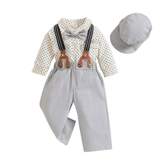 Odeerbi 0-2 Years Toddler Boys Gentleman Formal Dress Suit Baby Birthday First Year Suits Set Long Sleeve Bodysuit Overall Pants Hat Bow Four Pieces Set Toddler Boys Clothes