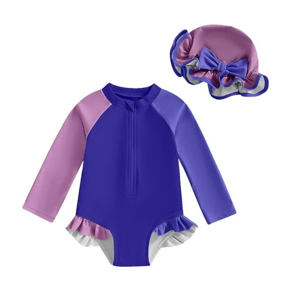 Odeerbi 0-2 Years Toddler Girls Long Sleeve Rash Guard Swimsuits with Swim Cap Set One Piece Athletic Training Swimsuit Surfing Swimwear Sun Protection Quick Drying Bathing Suit