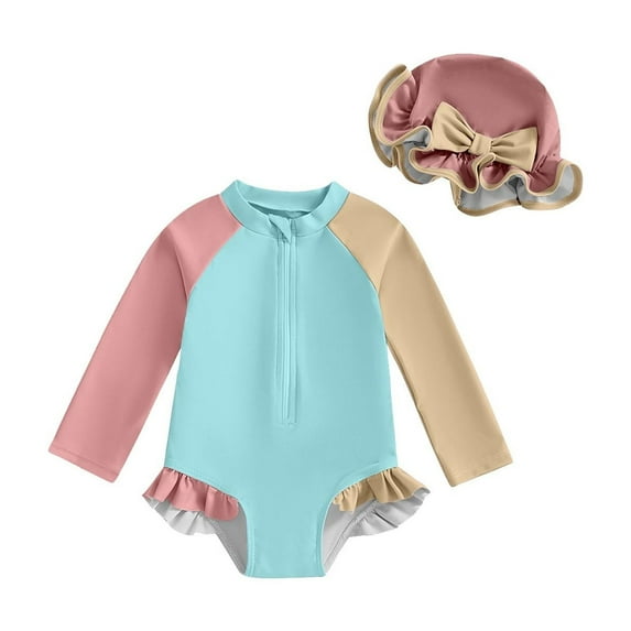 Odeerbi 0-2 Years Toddler Girls Long Sleeve Rash Guard Swimsuits with Swim Cap Set One Piece Athletic Training Swimsuit Surfing Swimwear Sun Protection Quick Drying Bathing Suit