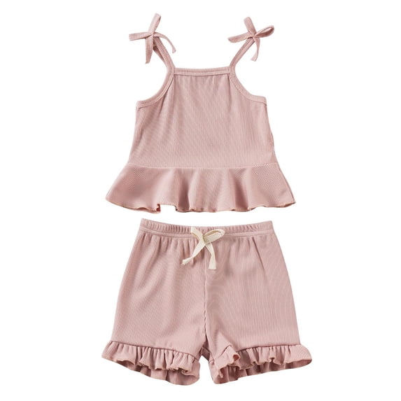 Odeerbi 0-2 Years Toddler Girls Summer Outfits Ruffle Cotton Camisole Tops Shorts Two-piece Set Solid Color Sleeveless Loungewear Toddler Girls Clothes