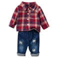 thumbnail image 1 of Odeerbi 0-3 Years Infant Boys Girls Outfits Plaid Long Sleeve Shirt Ripped Jeans Set Casual Button Shirt Denim Pants with Pocket Two-piece Set Infant Boys Girls Clothes, 1 of 3