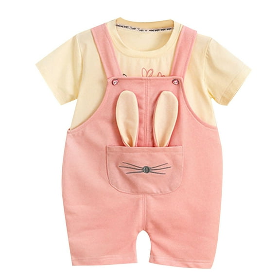 Odeerbi 0-5 Years Toddler Boys Girls Outfits Rabbit Bib Overall Shorts with Cotton Short Sleeve T-shirt Set Summer Strap Romper Jumpsuit Playsuit