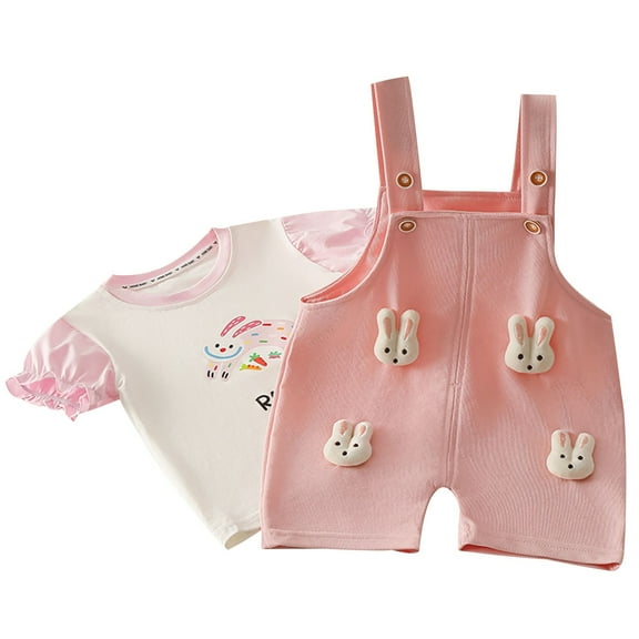 Odeerbi 0-5 Years Toddler Girls Outfits Rabbit Bib Overall Shorts with Cotton Short Sleeve T-shirt Set Summer Strap Romper Jumpsuit Playsuit