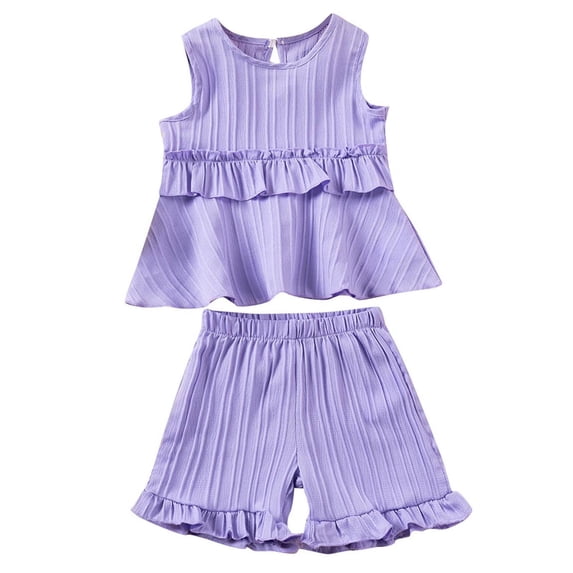 Odeerbi 0-6 Years Infant Girls Summer Outfits Cotton Ruffle Tank Tops Shorts Two-piece Set Solid Color Sleeveless Loungewear Infant Girls Clothes