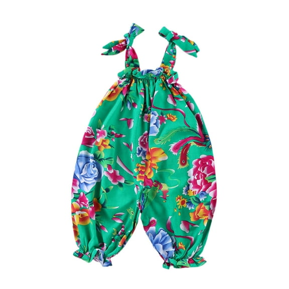 Odeerbi 0-6Y Infant Boys Floral Jumpsuit Ruffle Elastic Waist Overall Pants Baby Summer Cotton Silk Romper Infant Children's Strap Pants Green