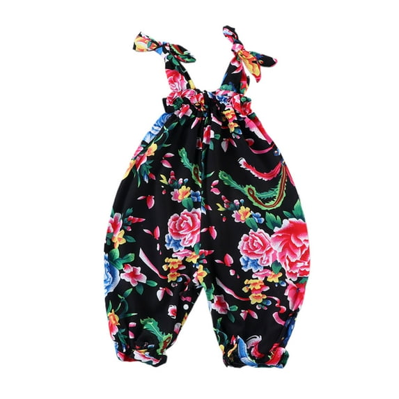 Odeerbi 0-6Y Toddler Boys Floral Jumpsuit Ruffle Elastic Waist Overall Pants Baby Summer Cotton Silk Romper Infant Children's Strap Pants Black