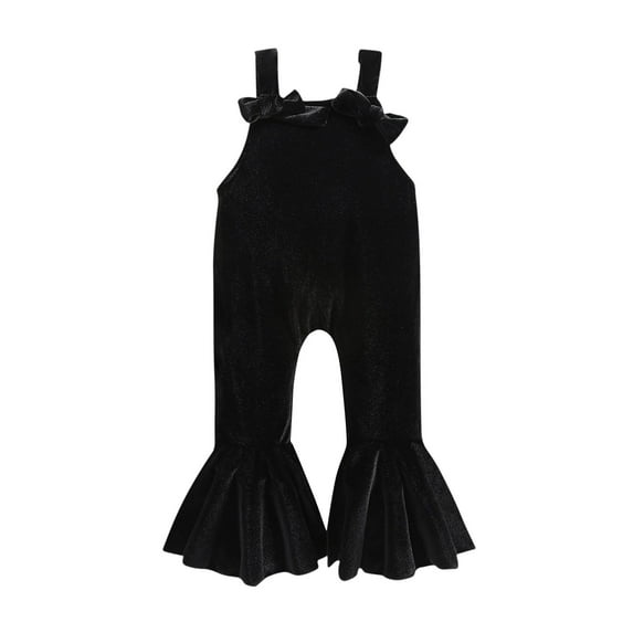 Odeerbi 0-7 Years Kids Girls Velvet Jumpsuit Bow Flared Romper Comfortable Casual Solid Color High Waisted Overalls Bib Overall Pants