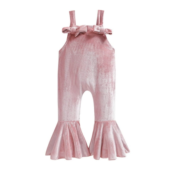 Odeerbi 0-7 Years Kids Girls Velvet Jumpsuit Bow Flared Romper Comfortable Casual Solid Color High Waisted Overalls Bib Overall Pants
