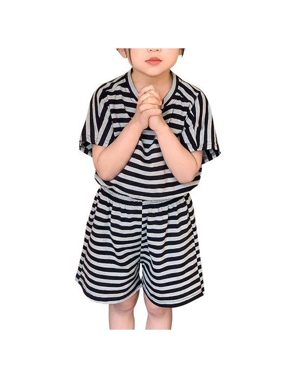 1-10 Years Kids Boys Girls Summer Outfits Striped Cotton Short Sleeve T-Shirt Shorts Two-piece Set Cute Soft Loungewear Kids Boys Girls Clothes