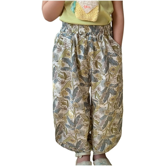 Odeerbi 1-10 Years Kids Girls Cotton Bloomers Summer Floral Ruffle Jogger Pants Flower Print Cute Leisure Lantern Pants Haren Pants with Pocket