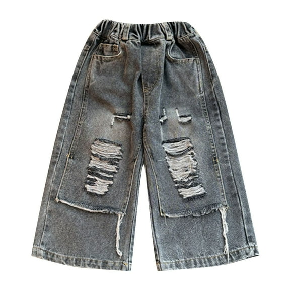 Odeerbi 1-10 Years Toddler Boys Ripped Jeans Cute Wide Leg Denim Pants Solid Color Elastic Waist Cowboy Pants