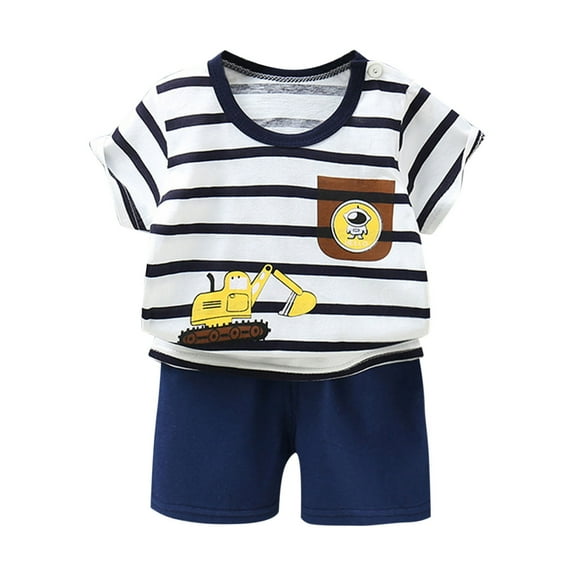 Odeerbi 1-10 Years Toddler Boys Summer Outfits Excavator Truck Print Cotton Short Sleeve T-Shirt Shorts Two-piece Set Casual Loungewear Toddler Boys Clothes