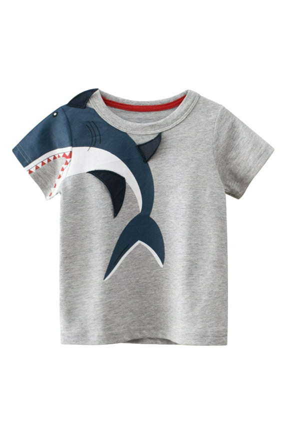 1-10Y Kids Boys Shark Graphic Cotton T-Shirt Children's Short Sleeve Tops Baby Clothes Gray