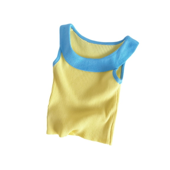 Odeerbi 1-10Y Kids Girls Summer Rib Knit Tank Tops Children's Knitted Color Block Sleeveless T-shirt Baby Wear Top Yellow