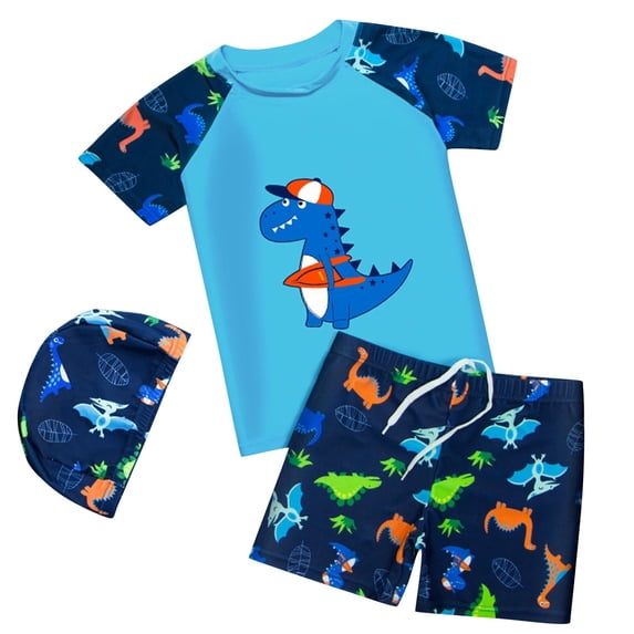 Odeerbi 1-11 Years Kids Boys Three Pieces Athletic Training Swimsuit with Swim Cap Set Summer Beach Surfing Swimsuit Cute Dinosaur Beachwear Short Sleeve Top Swim Trunks Set