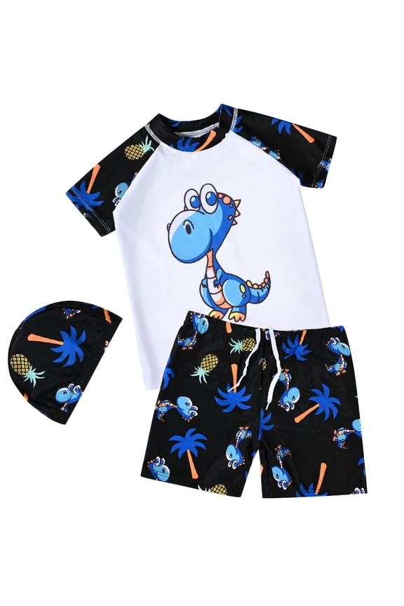 1-11 Years Toddler Boys Three Pieces Athletic Training Swimsuit with Swim Cap Set Summer Beach Surfing Swimsuit Cute Dinosaur Beachwear Short Sleeve Top Swim Trunks Set