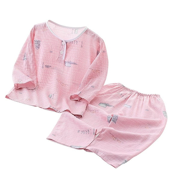 Odeerbi 1-12 Years Kids Boys Girls Summer Cotton Pajamas Long Sleeve Tops Pants Set Soft Loungewear Cute Print Sleepwear Two-piece Set Kids Boys Girls Clothes