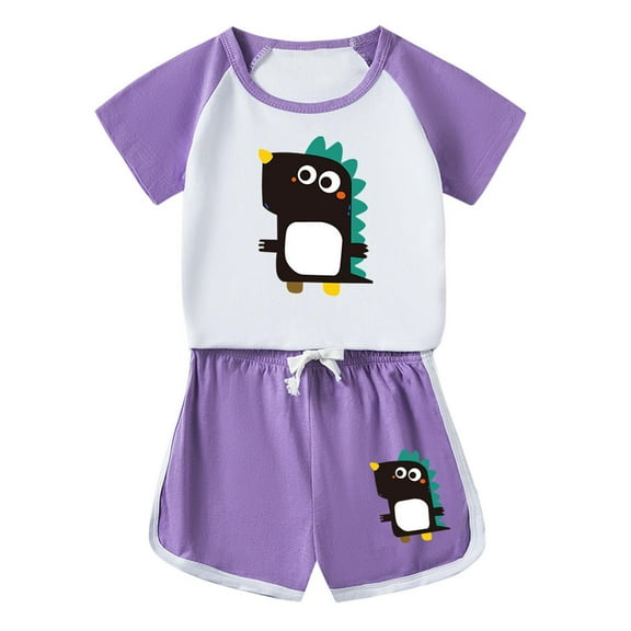 Odeerbi 1-12 Years Kids Boys Girls Summer Outfits Dinosaur Print Cotton Short Sleeve T-Shirt Shorts Two-piece Set Casual Loungewear Kids Boys Girls Clothes