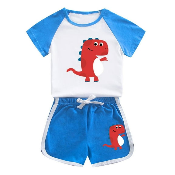Odeerbi 1-12 Years Kids Boys Girls Summer Outfits Dinosaur Print Cotton Short Sleeve T-Shirt Shorts Two-piece Set Casual Loungewear Kids Boys Girls Clothes