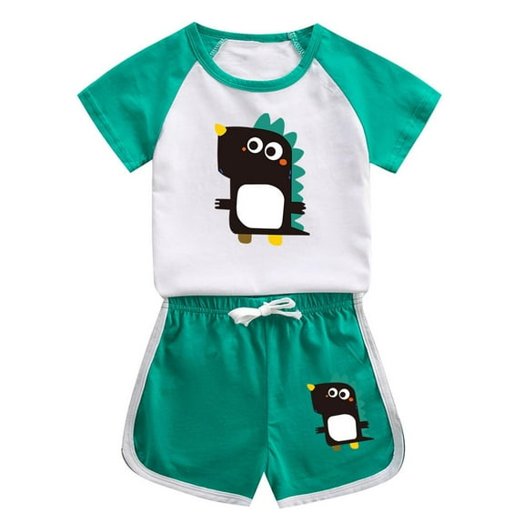 Odeerbi 1-12 Years Kids Boys Girls Summer Outfits Dinosaur Print Cotton Short Sleeve T-Shirt Shorts Two-piece Set Casual Loungewear Kids Boys Girls Clothes