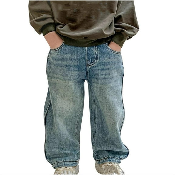 Odeerbi 1-12 Years Kids Boys Jeans Cute Wide Leg Denim Pants Casual Cowboy Pants Comfortable Elastic Waistband Long Pants