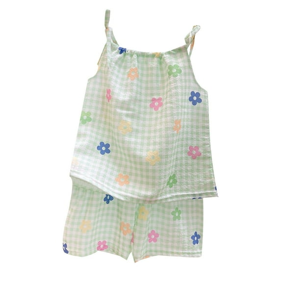 Odeerbi 1-12 Years Kids Girls Summer Outfits Floral Cotton Camisole Tops Shorts Two-piece Set Casual Home Conditioned Pajamas Kids Girls Clothes