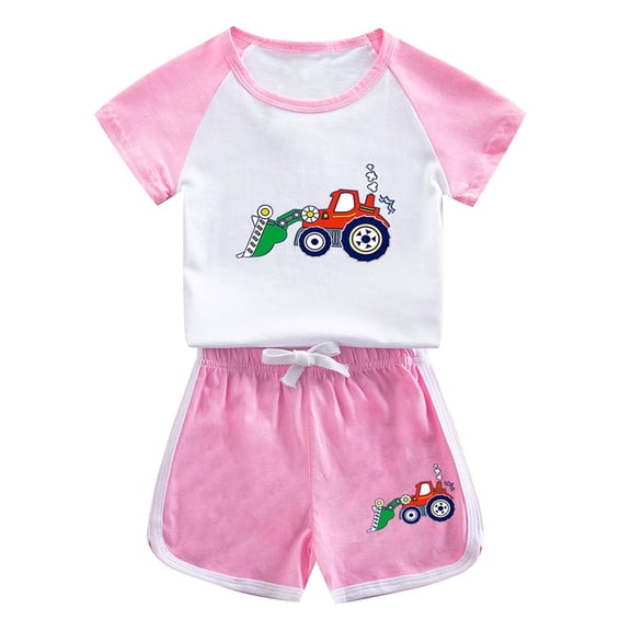 Odeerbi 1-12 Years Toddler Boys Girls Summer Outfits Excavator Truck Print Cotton Short Sleeve T-Shirt Shorts Two-piece Set Casual Loungewear Toddler Boys Girls Clothes