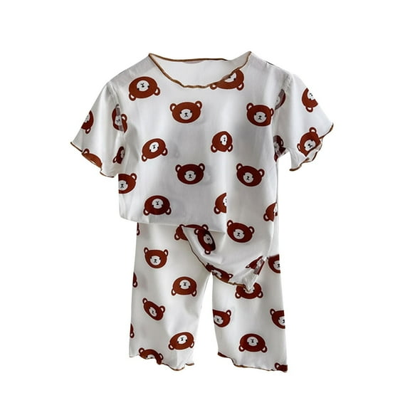 Odeerbi 1-12 Years Toddler Girls Ice Silk Pajamas Summer Short Sleeve Tops Capris Set Loungewear Bear Print Sleepwear Two-piece Pajama Sets Toddler Girls Clothes